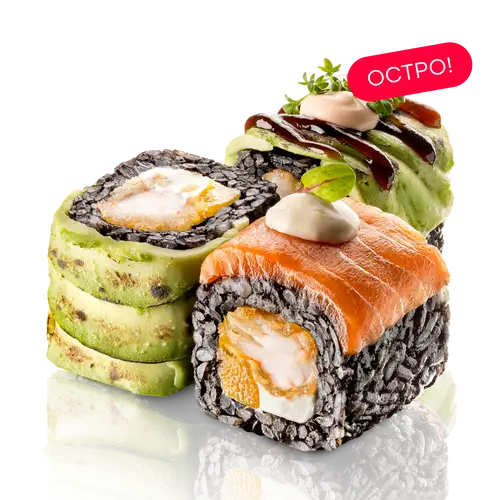 Black ролл с лососем, креветкой и опаленным авокадо
